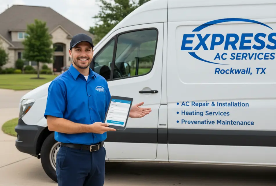 Technician holding tablet standing in front of an Express AC Services van in a residential driveway